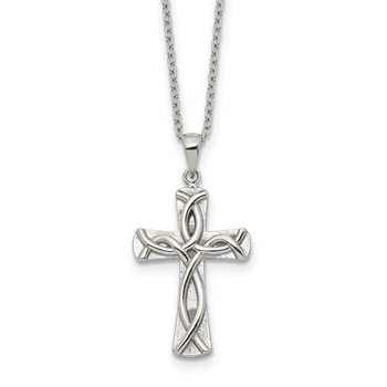 Chisel Stainless Steel Polished Cross with Ichthus Pattern Pendant on an 18 inch Plus a 2 inch Extension Cable Chain Necklace