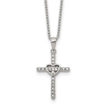 Chisel Stainless Steel Polished with CZ Cross with Heart Pendant on an 18 inch Plus 2 inch Extension Cable Chain Necklace
