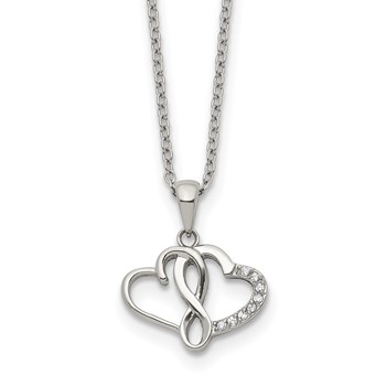 Chisel Stainless Steel Polished CZ Infinity Double Hearts Pendant on an 18 inch Plus a 2 inch Extension Cable Chain Necklace
