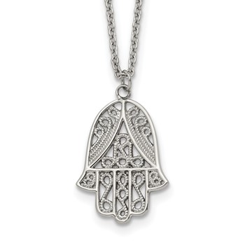 Chisel Stainless Steel Polished and Textured Hamsa Pendant on an 18 inch Plus a 2 inch Extension Cable Chain Necklace