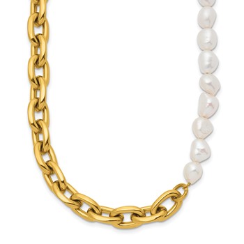 Chisel Stainless Steel Polished Yellow IP-plated Open Link Half Baroque Pearl 20 inch Plus a 2 inch Extension Necklace