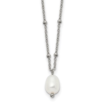 Chisel Stainless Steel Polished Imitation Pearl on a Beaded 16 inch Plus 2 inch Extension Cable Chain Necklace
