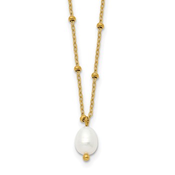 Chisel Stainless Steel Polished Yellow IP-plated Imitation Pearl on a Beaded 16 inch Plus 2 inch Extension Cable Chain Necklace