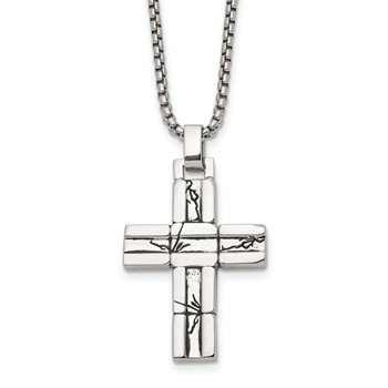 Chisel Stainless Steel Antiqued and Polished Cracked Cross Pendant on a 20 inch Box Chain Necklace