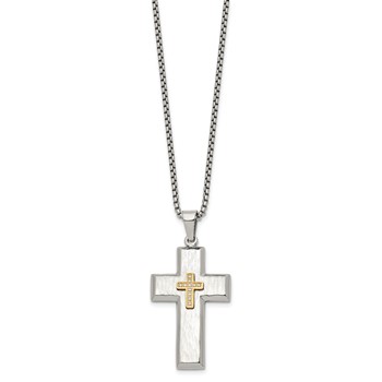 Chisel Stainless Steel Brushed Polished and Hammered Yellow IP-plated with CZ Cross Pendant on a 24 inch Box Chain Necklace — alternate view