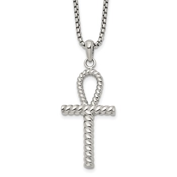 Chisel Stainless Steel Polished and Textured Ankh Cross Pendant on a 24 inch Box Chain Necklace