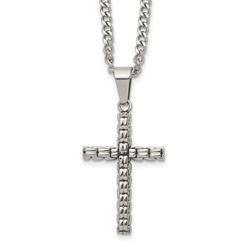 Chisel Stainless Steel Polished Woven Cross Pendant on a 22 inch Curb Chain Necklace