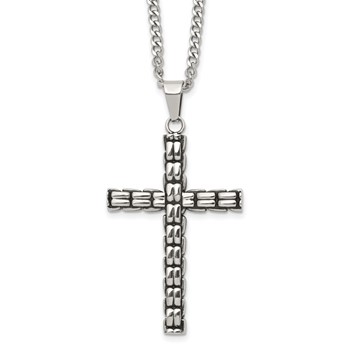 Chisel Stainless Steel Polished and Antiqued Woven Cross Pendant on a 22 inch Curb Chain Necklace