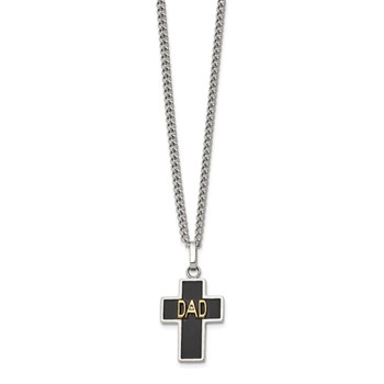 Chisel Stainless Steel Polished with 14K Accent and .01ct Diamond DAD with Black Enamel Cross Pendant on a 24 inch Curb Chain Necklace — alternate view