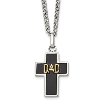 Chisel Stainless Steel Polished with 14K Accent and .01ct Diamond DAD with Black Enamel Cross Pendant on a 24 inch Curb Chain Necklace