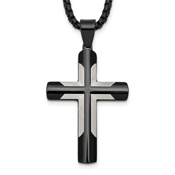 Stainless Steel Polished Black IP-plated with Satin Cross 20in Necklace