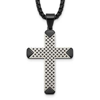 Stainless Steel Brushed and Polished Black IP-plated Cross 20in Necklace