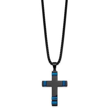 Stainless Steel Polished Black and Blue IP-plated Cross 20in Necklace — alternate view