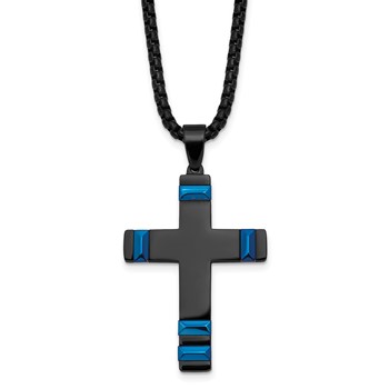 Stainless Steel Polished Black and Blue IP-plated Cross 20in Necklace