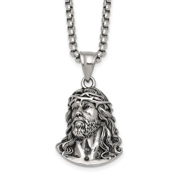 Stainless Steel Antiqued and Polished Jesus 22in Necklace