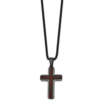 Stainless Steel Polished Blk IP Blk/Red Forged Carbon Fiber Cross Necklace — alternate view