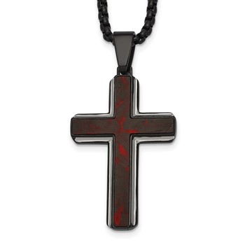 Stainless Steel Polished Blk IP Blk/Red Forged Carbon Fiber Cross Necklace