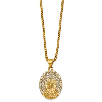 Stainless Steel Polished Yellow IP Crystal Sacred Heart Jesus 24in Necklace — alternate view