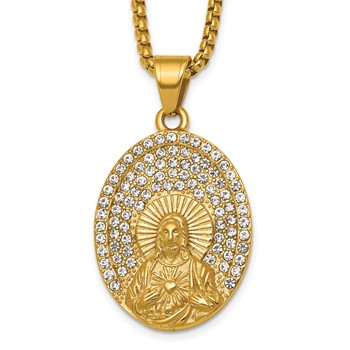 Stainless Steel Polished Yellow IP Crystal Sacred Heart Jesus 24in Necklace