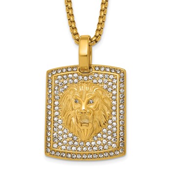 Chisel Stainless Steel Polished Yellow IP Lion on Crystal Dog Tag 24 inch Box Chain Necklace