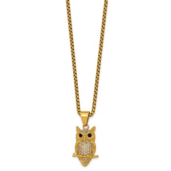 Chisel Stainless Steel Polished Yellow IP-plated Crystal Owl 24 inch Box Chain Necklace — alternate view