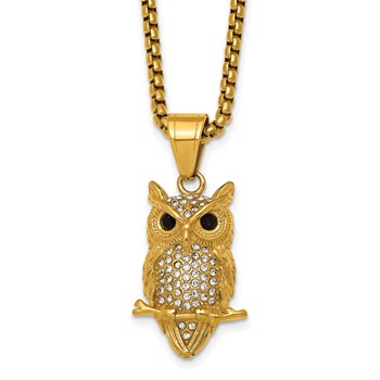 Chisel Stainless Steel Polished Yellow IP-plated Crystal Owl 24 inch Box Chain Necklace