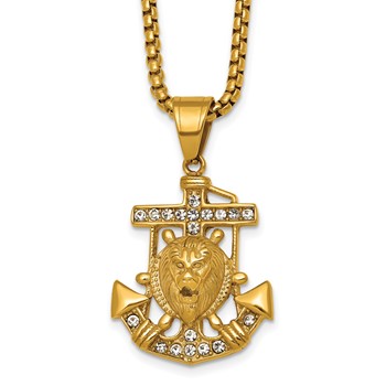 Chisel Stainless Steel Polished Yellow IP Crystal Anchor and Lion 24 inch Box Chain Necklace