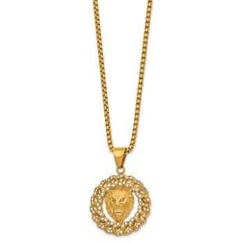 Chisel Stainless Steel Polished Yellow IP Lion Head & Crystal Wreath 24 inch Box Chain Necklace — alternate view