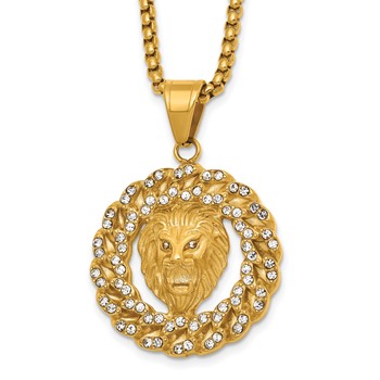 Chisel Stainless Steel Polished Yellow IP Lion Head & Crystal Wreath 24 inch Box Chain Necklace