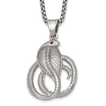 Stainless Steel Polished  Red Crystal Eyed Snake 24in Necklace