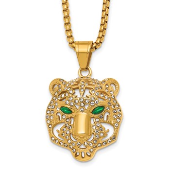 Chisel Stainless Steel Polished Yellow IP White/Green Crystal Tiger 24 inch Box Chain Necklace