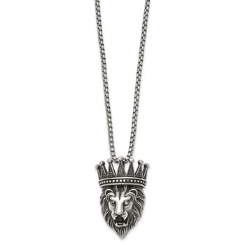 Chisel Stainless Steel Antiqued Polished with Crystal Crowned Lion Head 24 inch Box Chain Necklace — alternate view