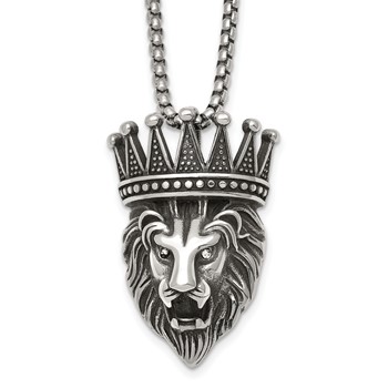 Chisel Stainless Steel Antiqued Polished with Crystal Crowned Lion Head 24 inch Box Chain Necklace
