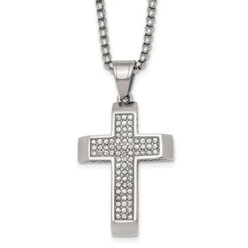 Stainless Steel Polished Crystal Cross 24in Necklace