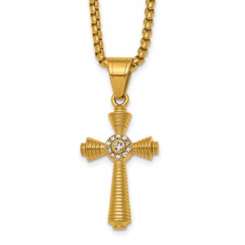 Stainless Steel Polished Yellow IP-plated Crystal  Cross 24in Necklace