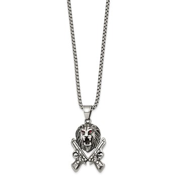Chisel Stainless Steel Antiqued Polished Red Crystal Lion Head and Pistols 24 inch Box Chain Necklace — alternate view