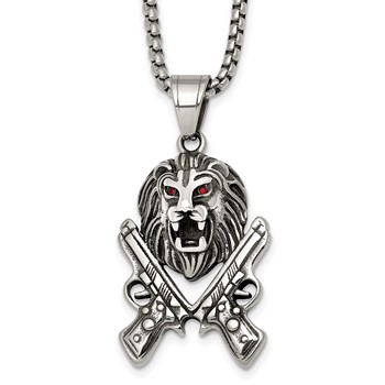 Chisel Stainless Steel Antiqued Polished Red Crystal Lion Head and Pistols 24 inch Box Chain Necklace