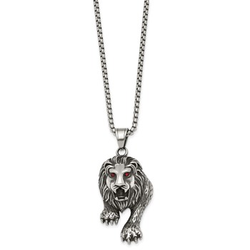 Chisel Stainless Steel Antiqued and Polished Red Crystal Eyed Lion 24 inch Box Chain Necklace — alternate view