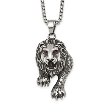 Chisel Stainless Steel Antiqued and Polished Red Crystal Eyed Lion 24 inch Box Chain Necklace