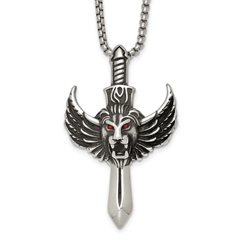 Chisel Stainless Steel Antiqued Polished Red Crystal Eyed Lion/Sword 24 inch Box  Chain Necklace