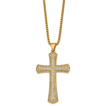 Stainless Steel Polished Yellow IP-plated Crystal  Cross 24in Necklace — alternate view