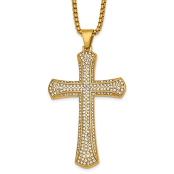 Stainless Steel Polished Yellow IP-plated Crystal  Cross 24in Necklace