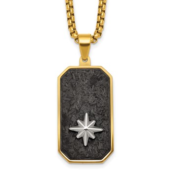 Stainless Steel Polished Yellow IP Blk CarbonFiber Inlay DogTag Necklace