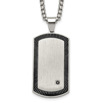Stainless Steel Brushed & Polished Blk IP w/Black CZ DogTag 24in Necklace