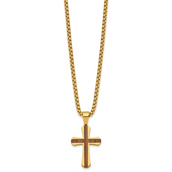 Stainless Steel Polished Yellow IP-plated Wood Inlay Cross 24in Necklace — alternate view