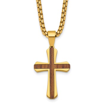Stainless Steel Polished Yellow IP-plated Wood Inlay Cross 24in Necklace