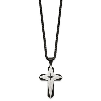 Stainless Steel Brushed & Polished Black IP Black CZ Cross 24in Necklace — alternate view
