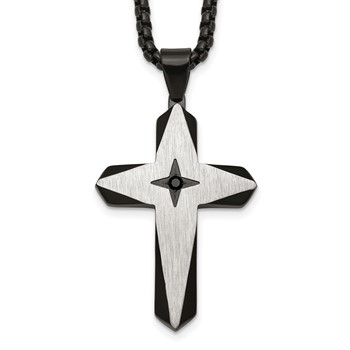 Stainless Steel Brushed & Polished Black IP Black CZ Cross 24in Necklace