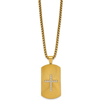 StainlessSteel Brushed/Polished/Textured Yellow IP CZ Cross DogTag Necklace — alternate view