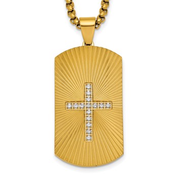 StainlessSteel Brushed/Polished/Textured Yellow IP CZ Cross DogTag Necklace
